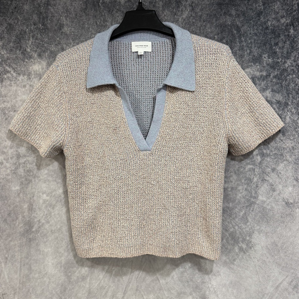 Who What Wear Women's Small Knit Polo Sweater Top Blue Beige Silk Blend